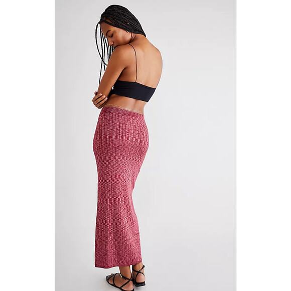 Free People Ribbed Textured Midi Skirt Pink Boho Chic Minimalist Anthropologie - Picture 1 of 6